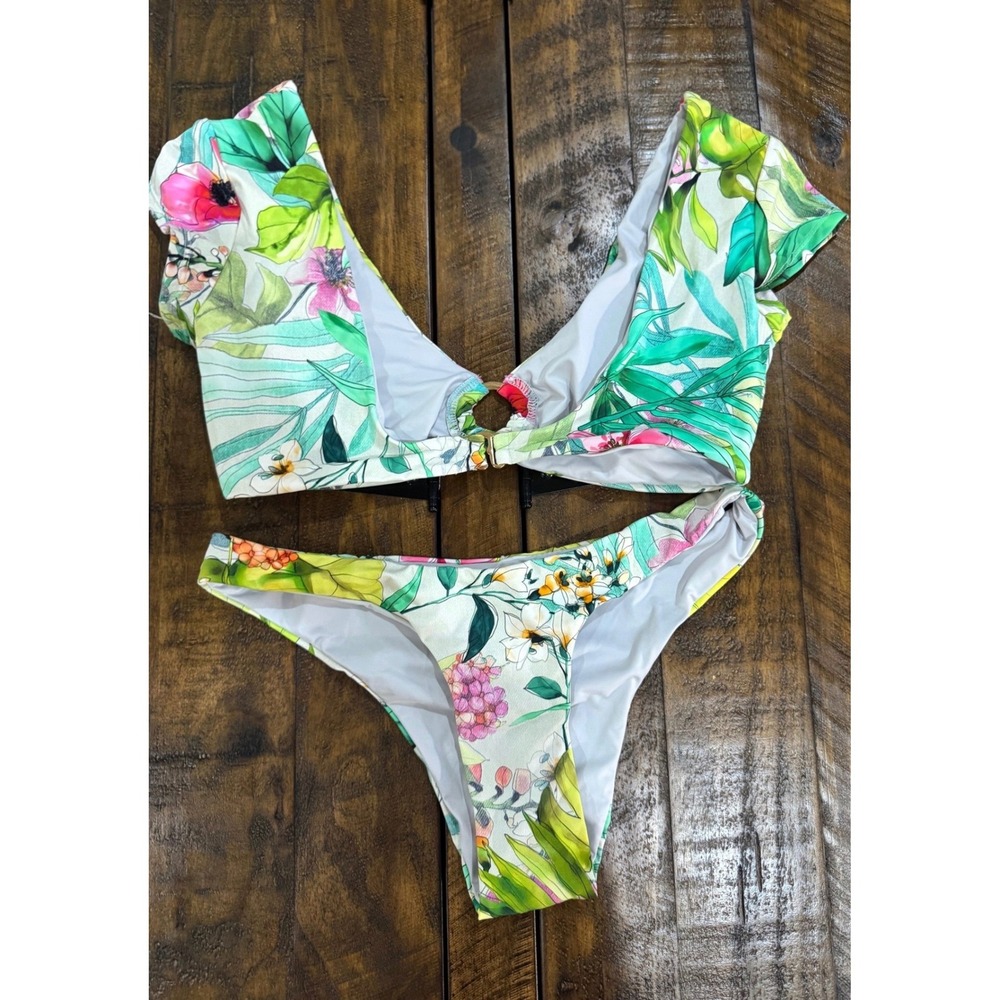 TiNiBiKiNi NWT Tropical Floral O-Ring Cap Sleeve Festival Bikini Thong Size M - Picture 2 of 8